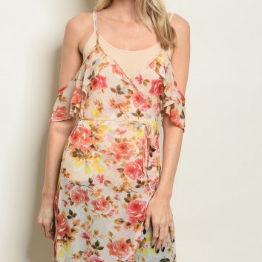 SALE ♡Floral Cold Shoulders Maxi Duster Dress cover up sheer boho fairy flowers - Picture 2 of 7